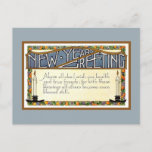 Art Deco New Year Greeting verse blue Holiday Postcard