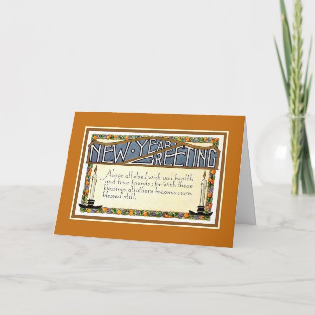 Art Deco New Year Greeting verse golden brown Holiday Card (Front)