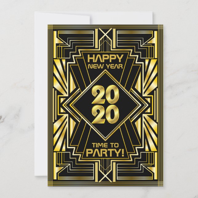 Art Deco New Year Party 2020 Gold Black Gatsby Invitation (Front)