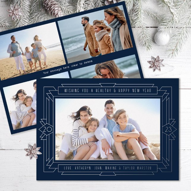 Art Deco New Year Photo Navy Foil Holiday Card (Creator Uploaded)