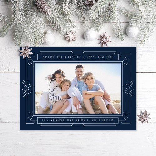 Art Deco New Year Photo Navy  Foil Holiday Card