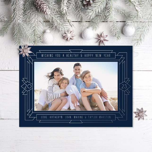 Art Deco New Year Photo Navy  Foil Holiday Card (Creator Uploaded)