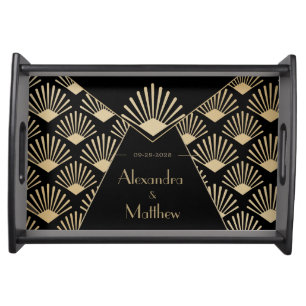 Art Deco Newlywed Couple Black Gold Vintage Serving Tray