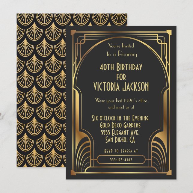 Art Deco Nouveau Birthday Party Gold & Black Invitation (Front/Back)