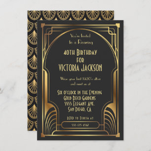 Art Deco Nouveau Birthday Party Gold & Black Invitation