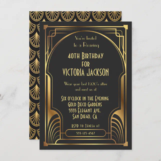 Art Deco Nouveau Birthday Party Gold & Black Invitation | Zazzle