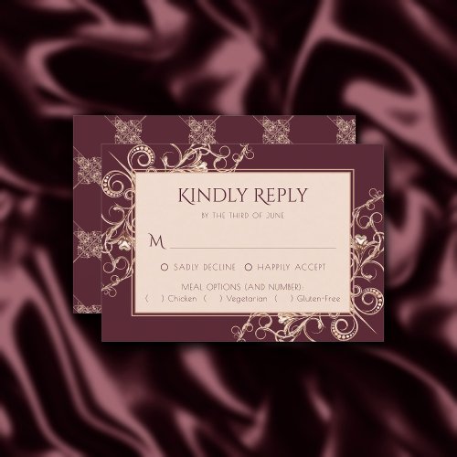 Art Deco Nouveau  Burgundy Rose Gold Ornamental RSVP Card