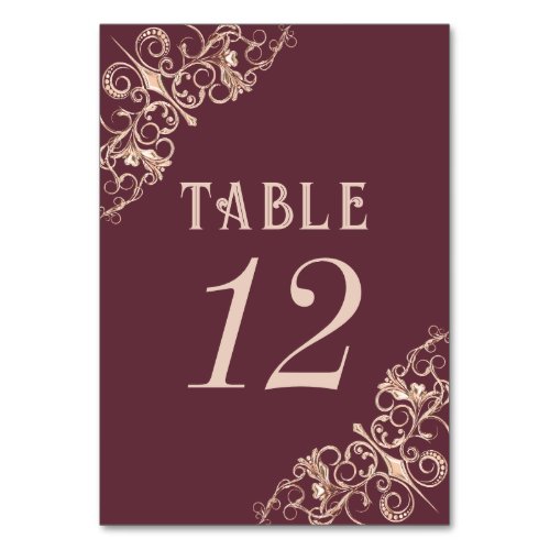 Art Deco Nouveau  Burgundy Rose Gold Ornamental Table Number