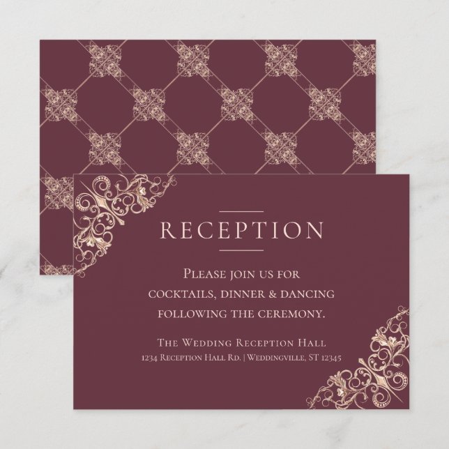 Art Deco Nouveau | Burgundy Rose Gold Reception Invitation (Front/Back)