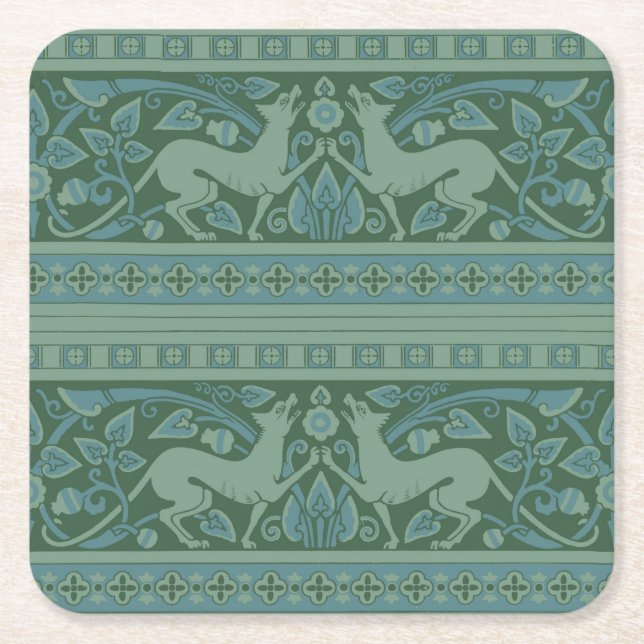 Art Deco Nouveau Dog Nature Animal Pattern Square Paper Coaster (Front)