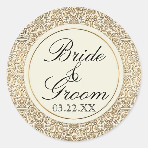 Art Deco Nouveau Faux Gold Floral Damask Lace Classic Round Sticker