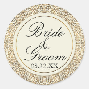 Art Deco Nouveau Faux Gold Floral Damask Lace Classic Round Sticker