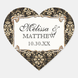Art Deco Nouveau Faux Gold Floral Damask Lace Heart Sticker