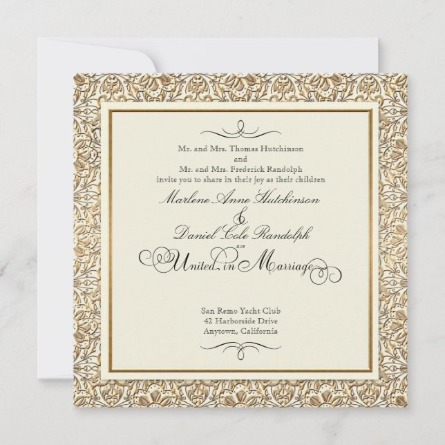 Art Deco Nouveau Faux Gold Floral Damask Lace Invitation (Front)