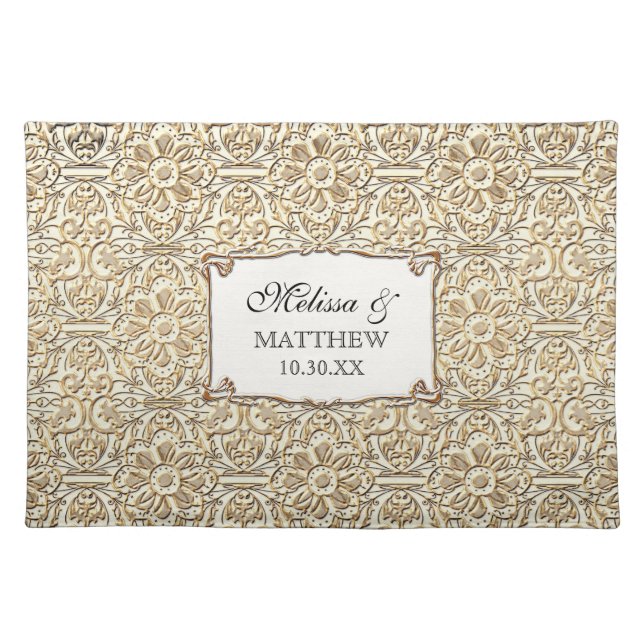 Art Deco Nouveau Faux Gold Floral Damask Lace Placemat (Front)