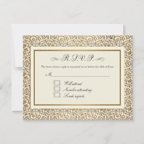 Art Deco Nouveau Faux Gold Floral Damask Lace RSVP Card