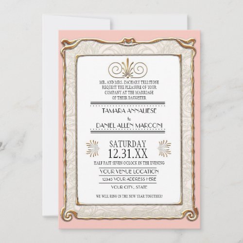 Art Deco Nouveau Gatsby Pink Gold Elegant Wedding Invitation