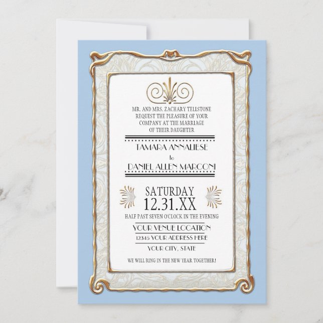 Art Deco Nouveau Gatsby Style Gold n Lace Look Invitation (Front)