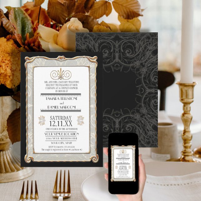 Art Deco Nouveau Gatsby Style Gold n Lace Look Invitation (Creator Uploaded)
