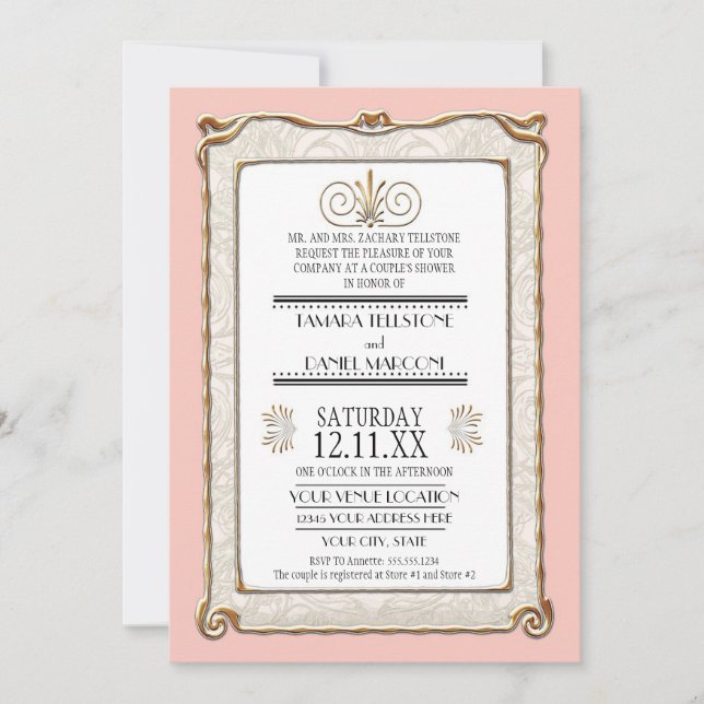 Art Deco Nouveau Gatsby Style Gold n Lace Look Invitation (Front)