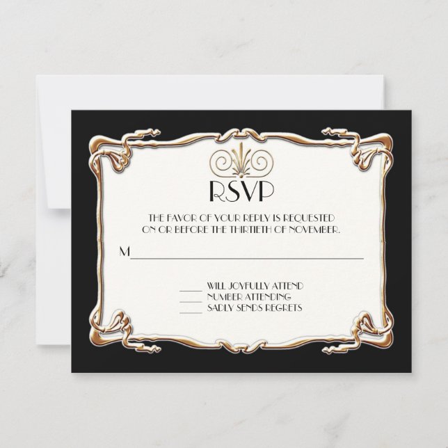 Art Deco Nouveau Gatsby Style Gold n Lace Look RSVP Card (Front)