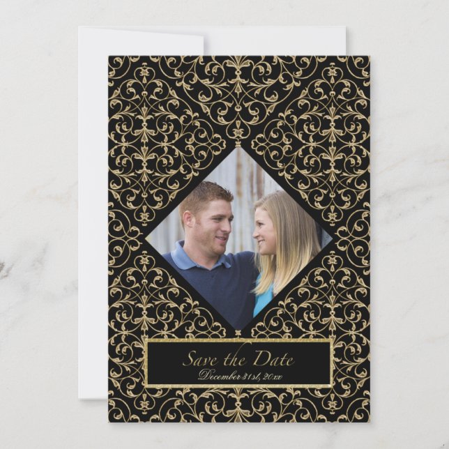 Art Deco Nouveau Lace Damask Golden Calligraphy Invitation (Front)