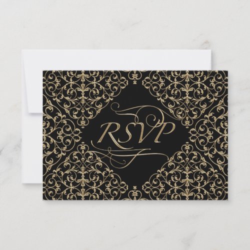 Art Deco Nouveau Lace Damask Golden Calligraphy RSVP Card