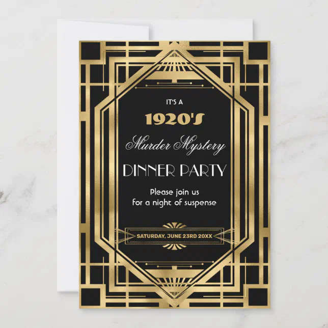 Art Deco Nouveau Murder Mystery Party Gold Black Invitation | Zazzle