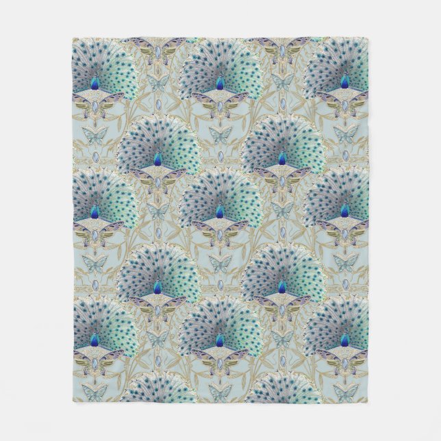 Art Deco Nouveau Peacock Butterfly Light Blue Gold Fleece Blanket (Front)