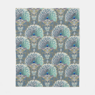 Art Deco Nouveau Peacock Butterfly Slate Blue Gold Fleece Blanket