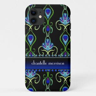 Art Deco Nouveau Peacock Feather Colors Swirl Art iPhone 11 Case