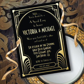 Art Deco Nouveau Speak Easy Party Gold & Black Foil Invitation by McBooboo at Zazzle
