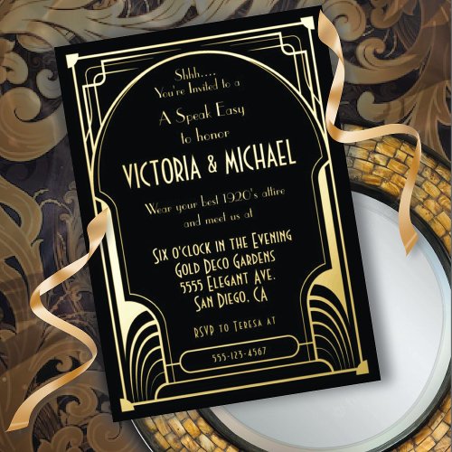 Art Deco Nouveau Speak Easy Party Gold  Black Foil Invitation