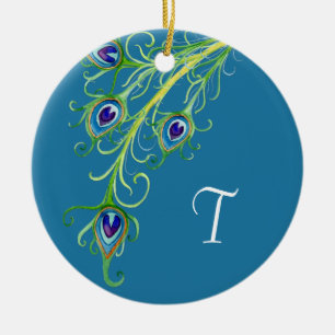 Art Deco Nouveau Style Peacock Feathers Swirl Ceramic Ornament