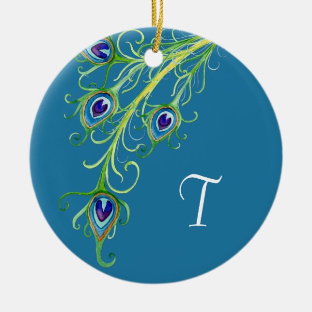 Art Deco Nouveau Style Peacock Feathers Swirl Ceramic Ornament (Front)