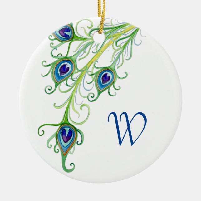 Art Deco Nouveau Style Peacock Feathers Swirl Ceramic Ornament (Front)