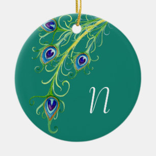 Art Deco Nouveau Style Peacock Feathers Swirl Ceramic Ornament