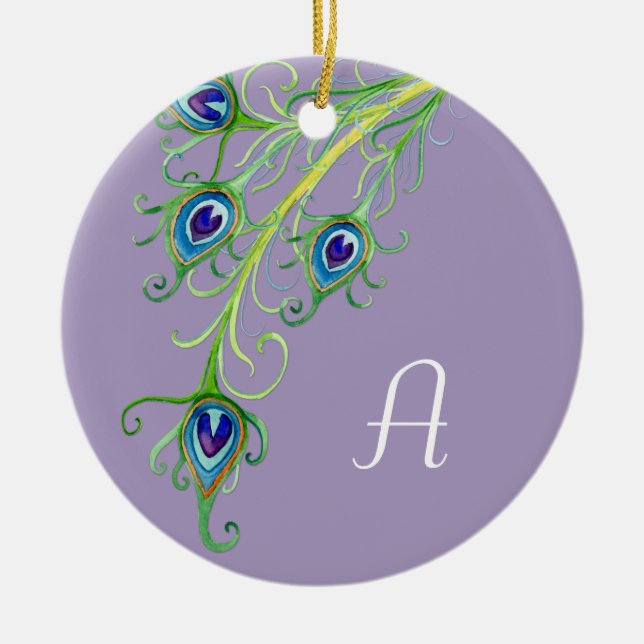 Art Deco Nouveau Style Peacock Feathers Swirl Ceramic Ornament (Front)