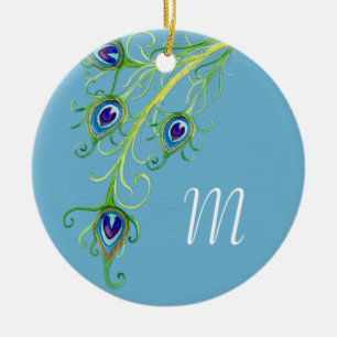 Art Deco Nouveau Style Peacock Feathers Swirl Ceramic Ornament