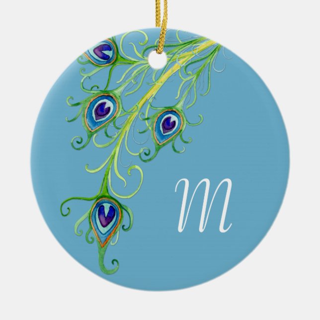 Art Deco Nouveau Style Peacock Feathers Swirl Ceramic Ornament (Front)