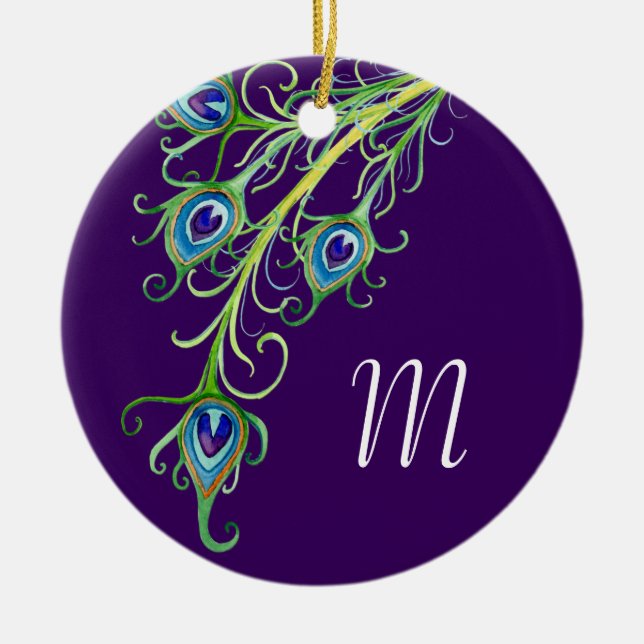 Art Deco Nouveau Style Peacock Feathers Swirl Ceramic Ornament (Front)