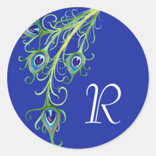 Art Deco Nouveau Style Peacock Feathers Swirl Classic Round Sticker