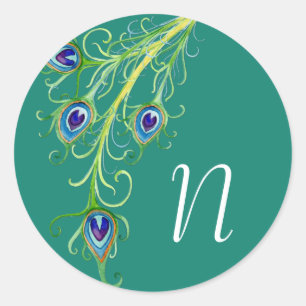 Art Deco Nouveau Style Peacock Feathers Swirl Classic Round Sticker