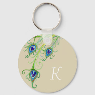 Art Deco Nouveau Style Peacock Feathers Swirl Keychain