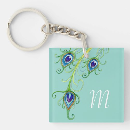 Art Deco Nouveau Style Peacock Feathers Swirl Keychain