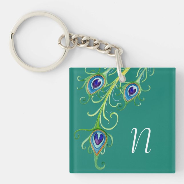 Art Deco Nouveau Style Peacock Feathers Swirl Keychain (Front)