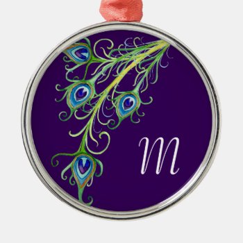 Art Deco Nouveau Style Peacock Feathers Swirl Metal Ornament by ModernStylePaperie at Zazzle