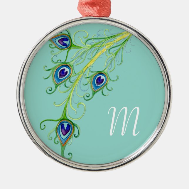 Art Deco Nouveau Style Peacock Feathers Swirl Metal Ornament (Front)