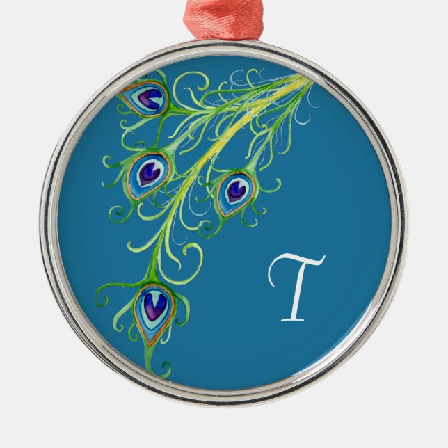 Art Deco Nouveau Style Peacock Feathers Swirl Metal Ornament (Front)
