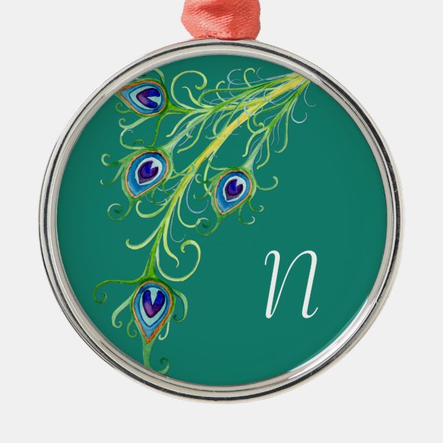 Art Deco Nouveau Style Peacock Feathers Swirl Metal Ornament (Front)